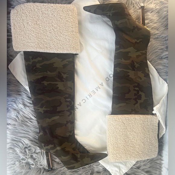 GOOD AMERICAN NWOB CAMO NEOPRENE SHERPA KICKSTAND THIGH HIGH BOOT - Picture 4 of 6